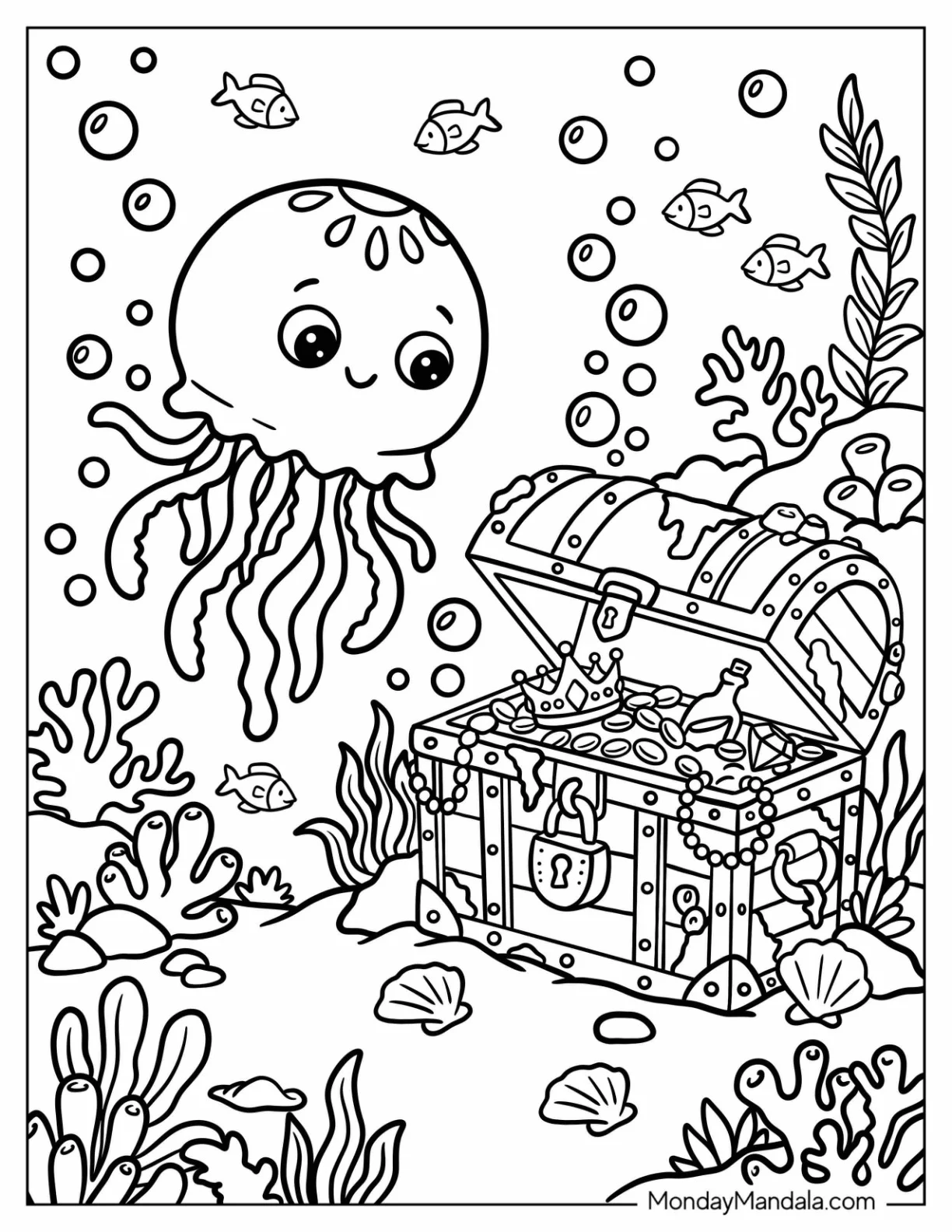 Tiny Jellyfish Finding a Treasure Chest Coloring Page for Kids coloring page