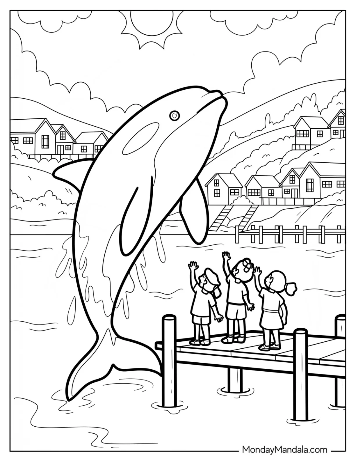 Children on Pier Waving at Leaping Killer Whale Near Coastal Town Coloring Page coloring page