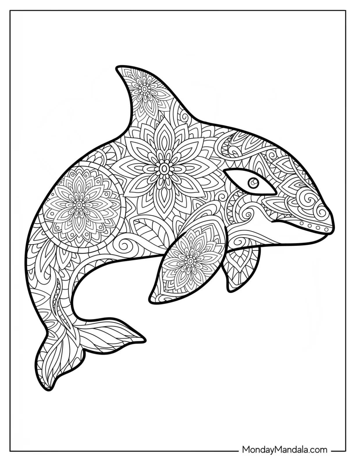 Intricate Orca Mandala with Decorative Lotus Pattern coloring page