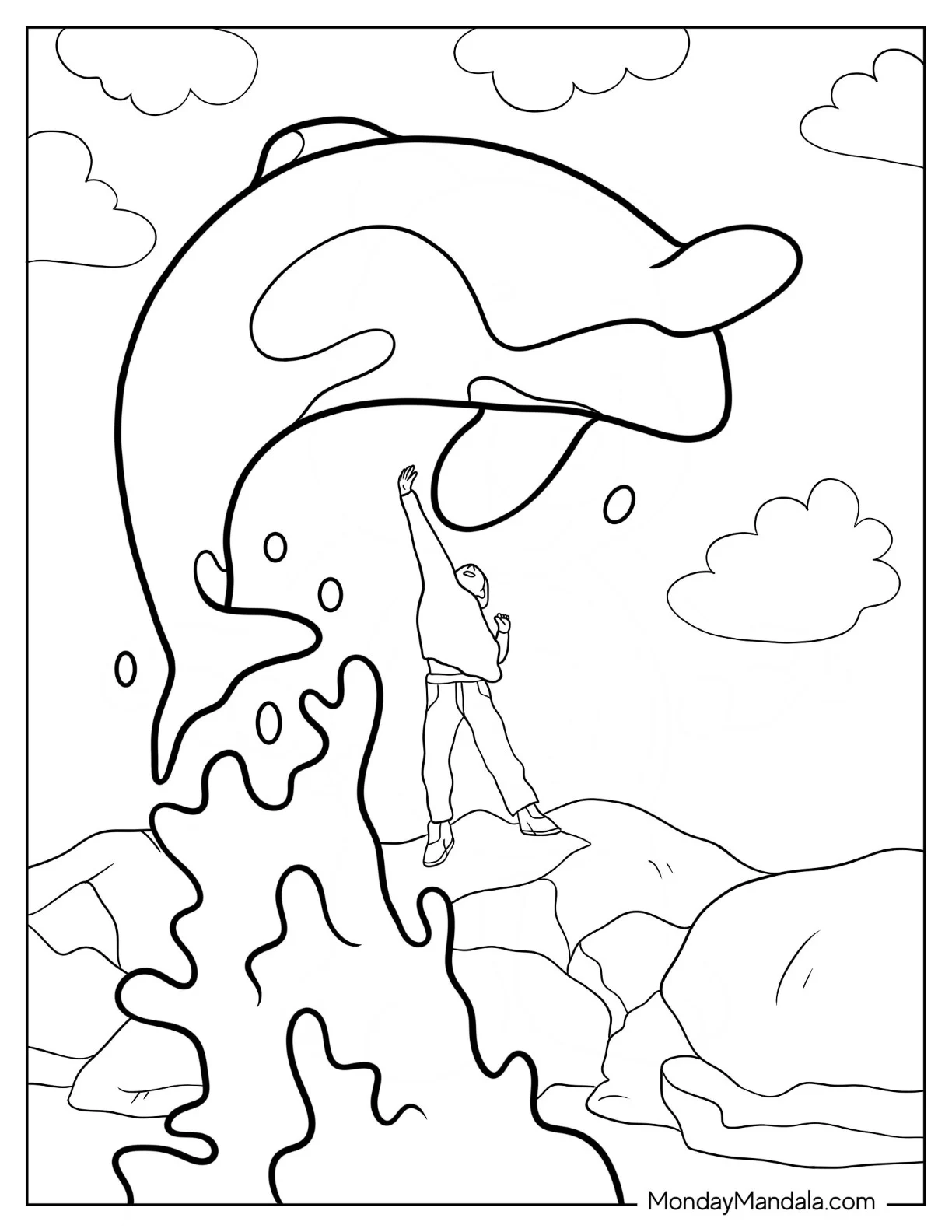 Killer Whale Coloring Page Leaping Above Boy On Rock coloring page