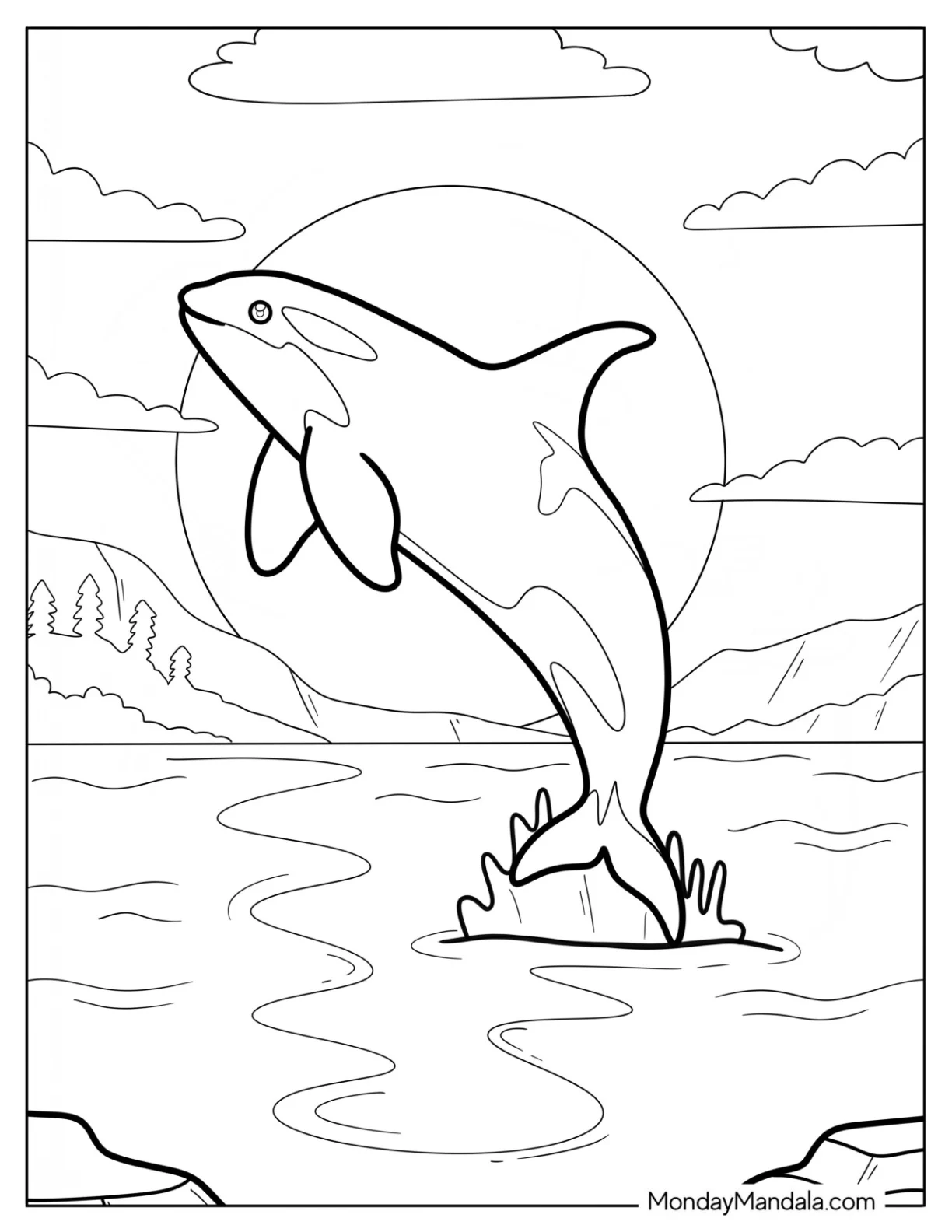 Killer Whale Leaping Out of the Sea at Sunrise coloring page