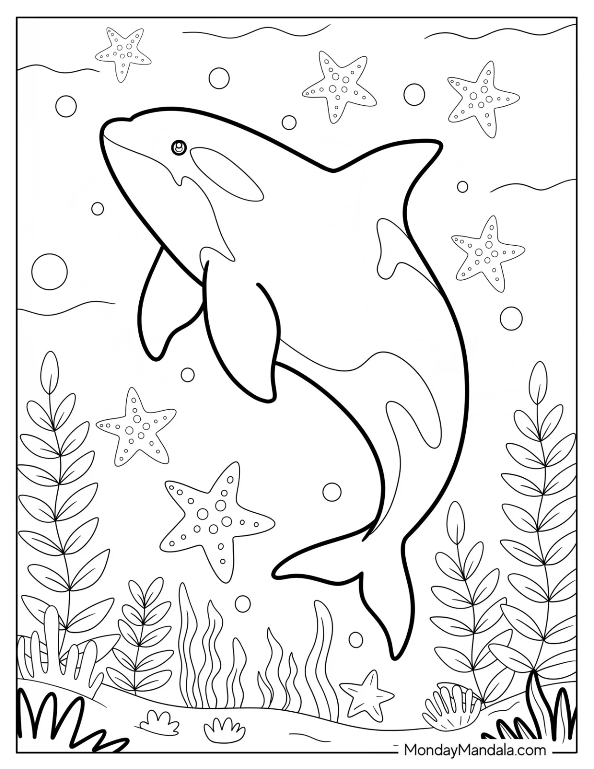 Killer Whale Swimming with Starfish Coloring Page for Kids coloring page — printable line art