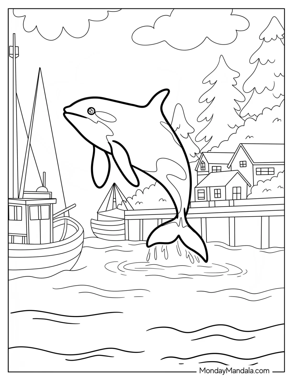 Orca Jumping Near a Coastal Fishing Village coloring page