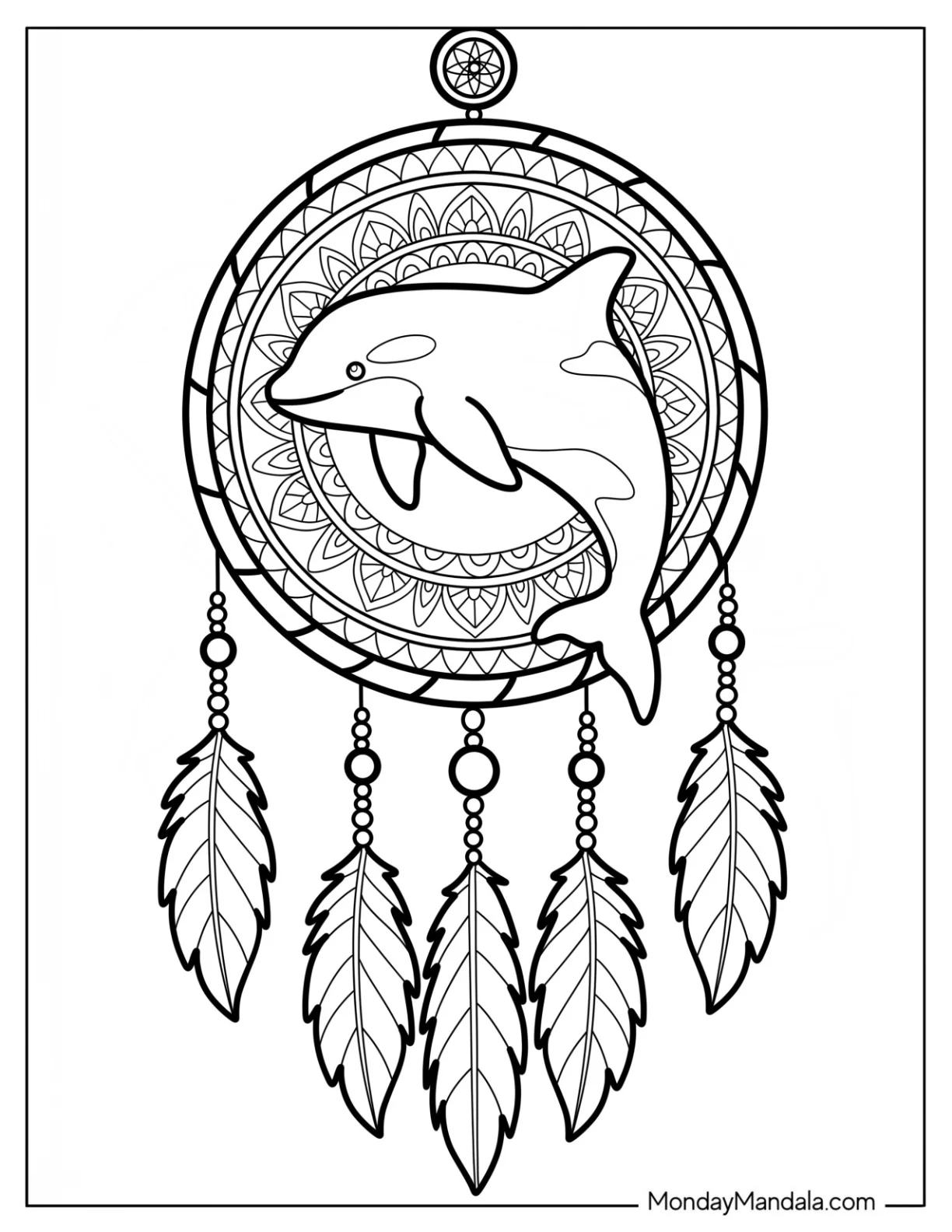 Pretty Orca in Dreamcatcher Mandala Coloring Page for Kids coloring page