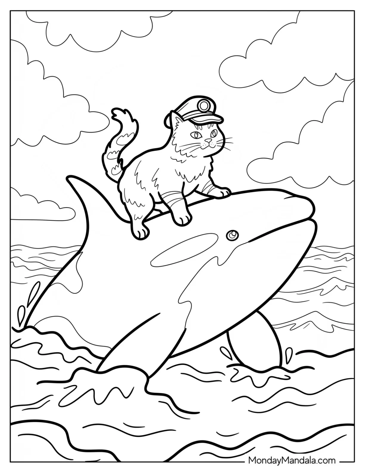 Sailor Cat on Orca s Back Swimming at Sea Coloring Sheet coloring page