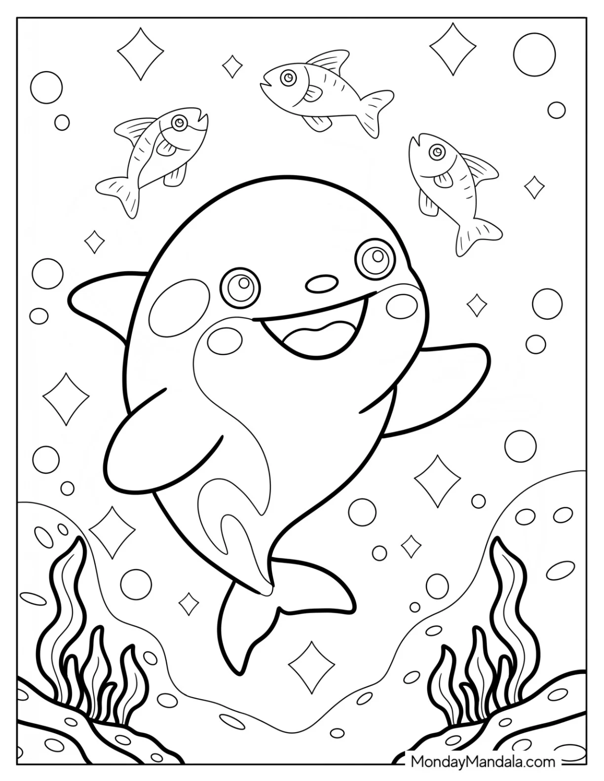 Smiling Killer Whale Swimming with Fish Coloring Page for Kids coloring page