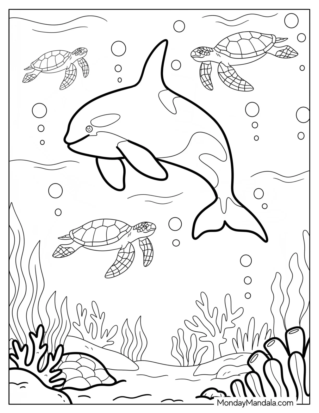 Tropical Sea Life with Coral, Turtles, and an Orca Coloring Page coloring page