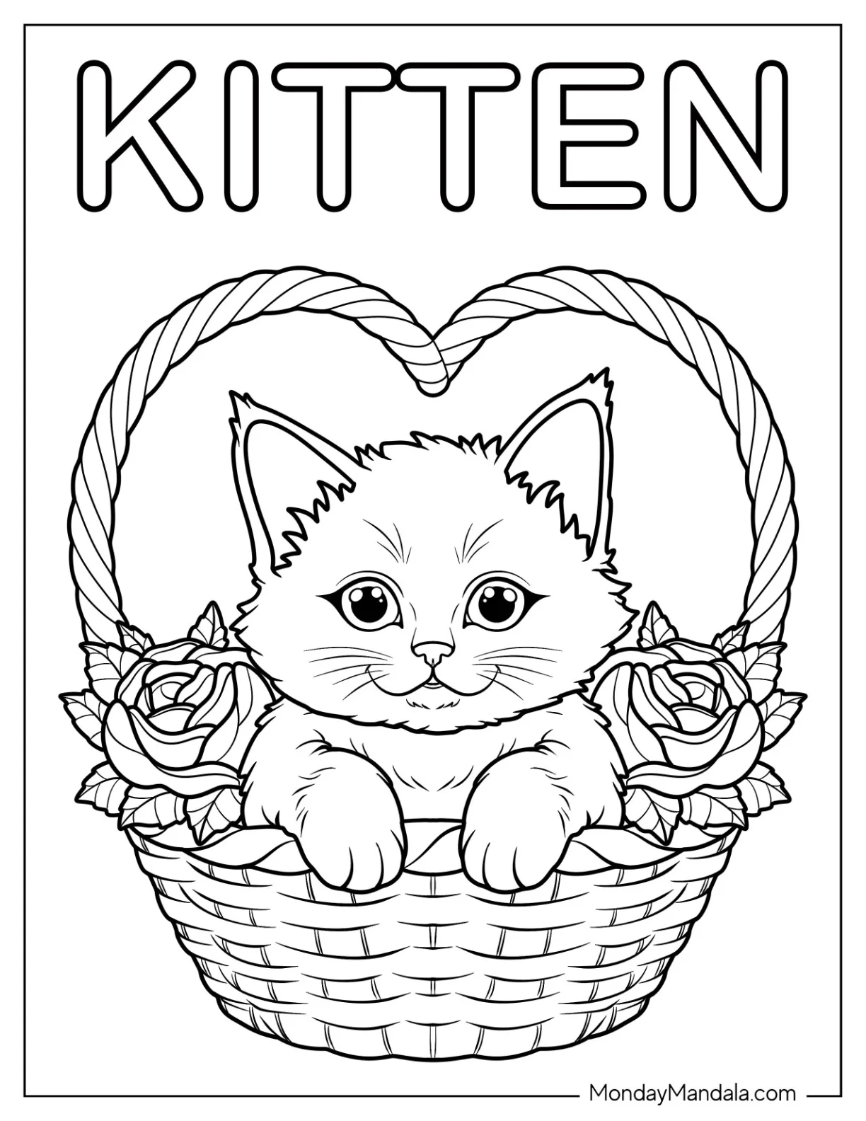 Calm Kitten Coloring Page Inside a Wicker Basket with Roses for Kids coloring page