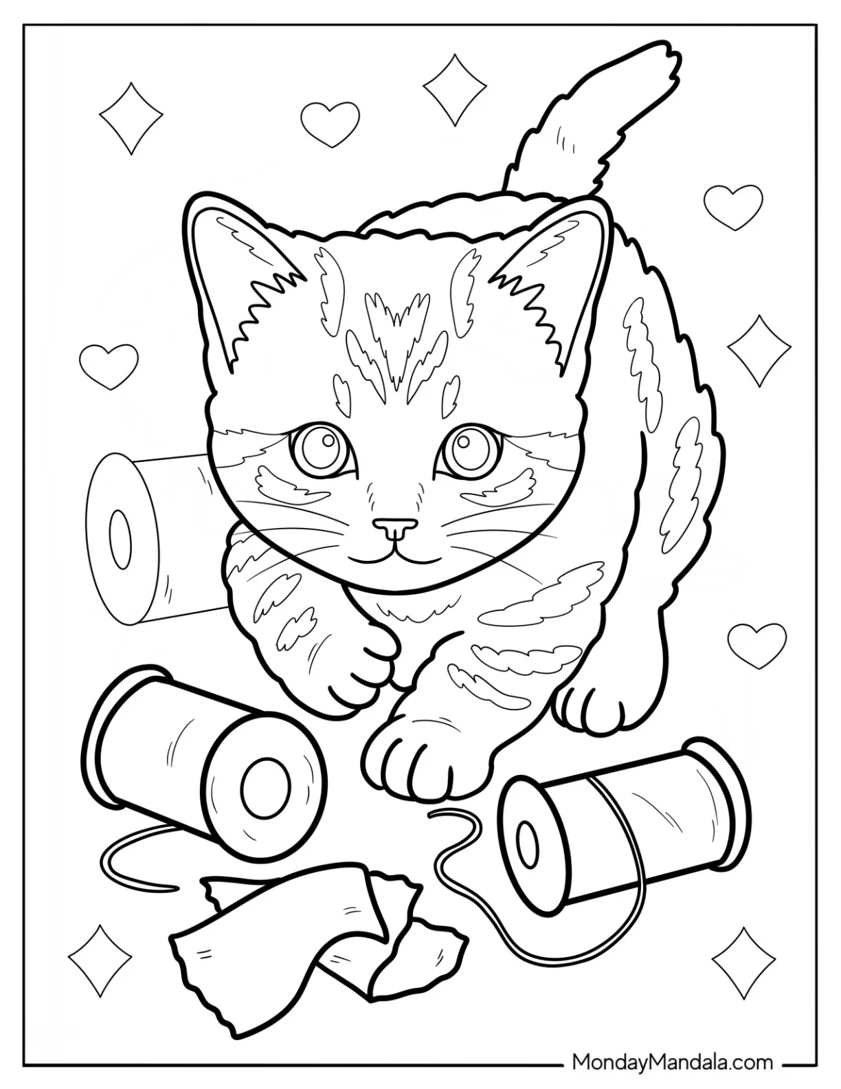 Curious Kitten Coloring Page Playing with Rolls of Threads coloring page — printable line art