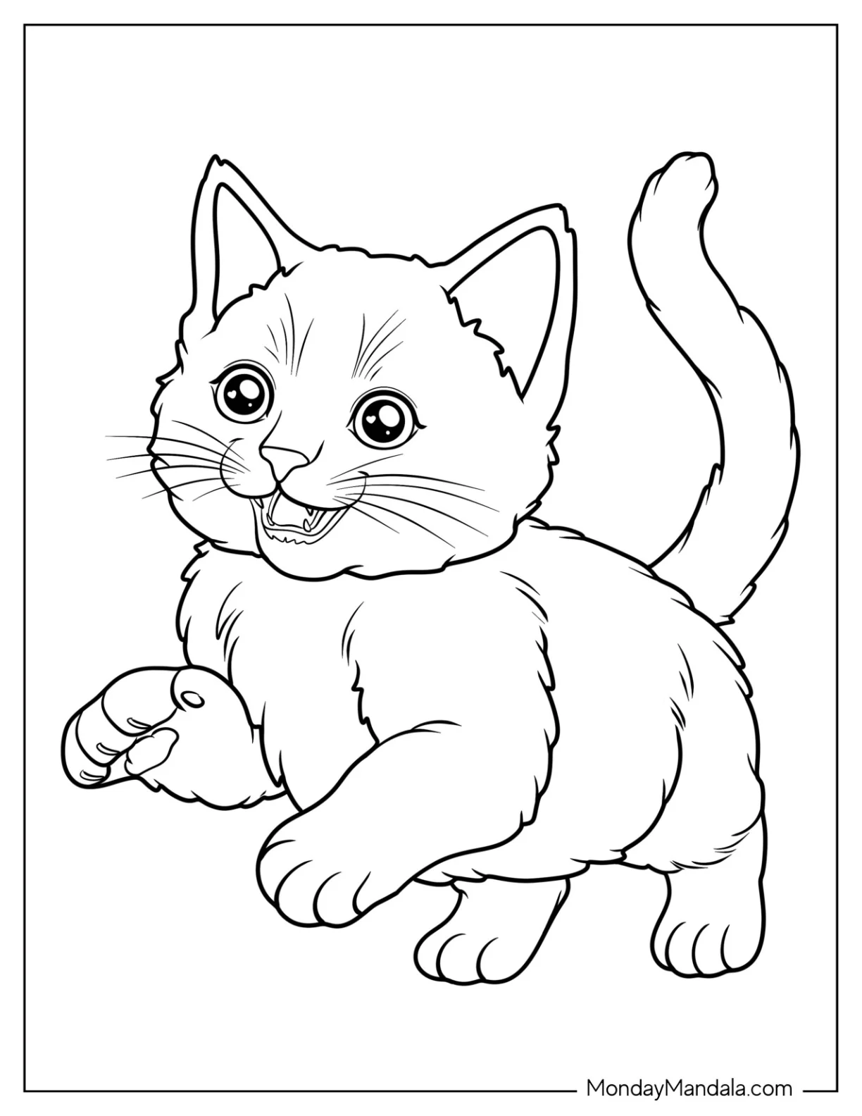 Excited Kitten Coloring Page with Paws in the Air for Preschoolers coloring page — printable line art