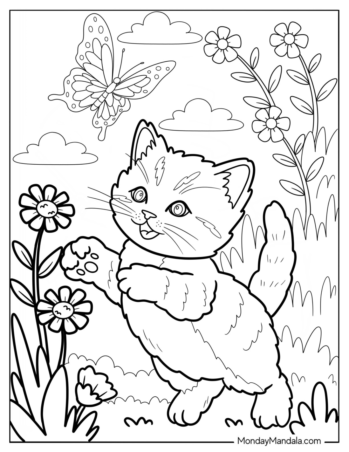 Furry Kitten Coloring Page Chasing a Butterfly in the Garden for Kids coloring page — printable line art