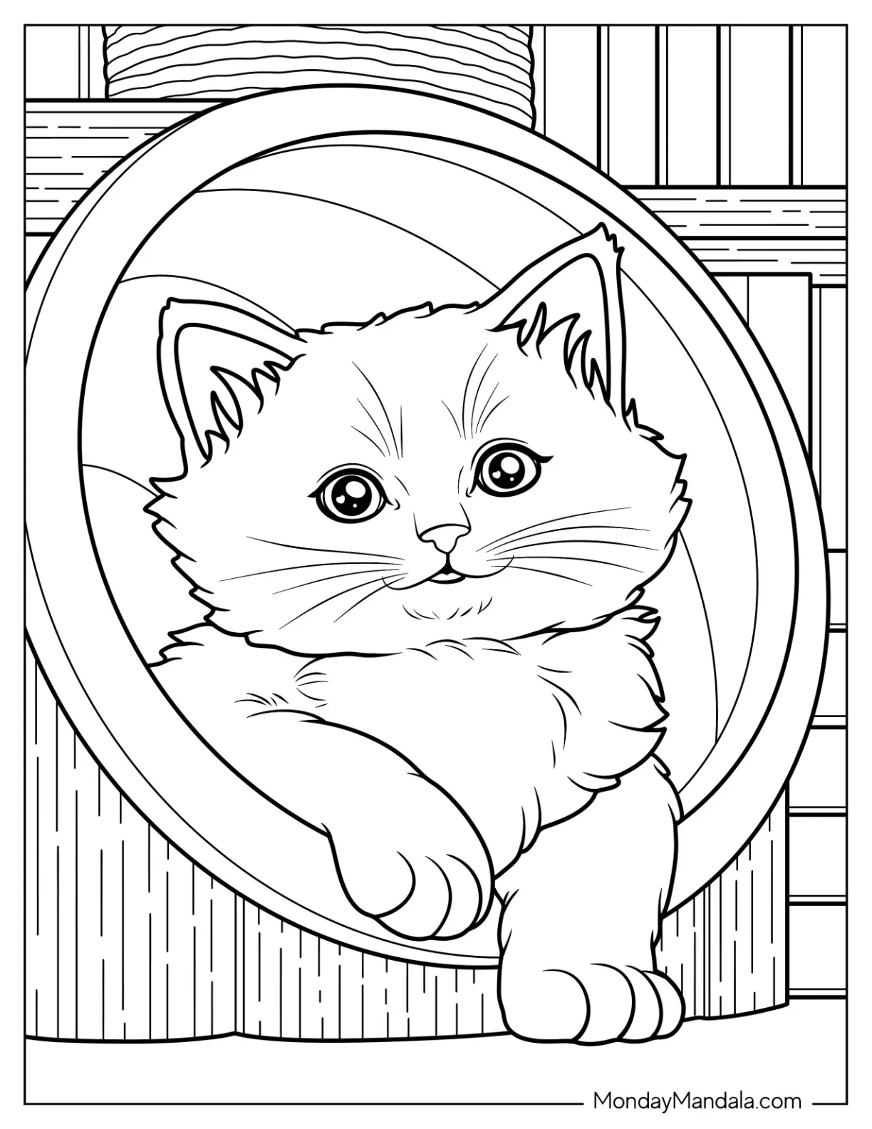 Furry Kitten Coloring Page Peering Out of Cat Bed coloring page