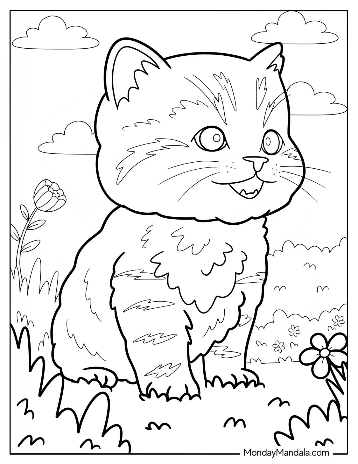 Happy Kitten Coloring Page Staring Out a Flower Field for Preschoolers coloring page
