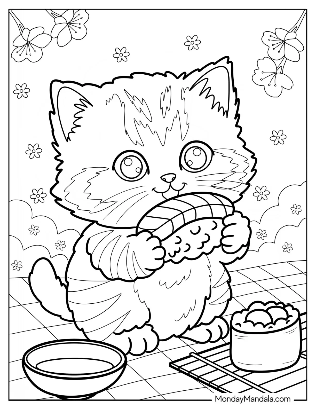 Hungry Kitten Coloring Page Eating Sushi on a Picnic for Kids coloring page — printable line art