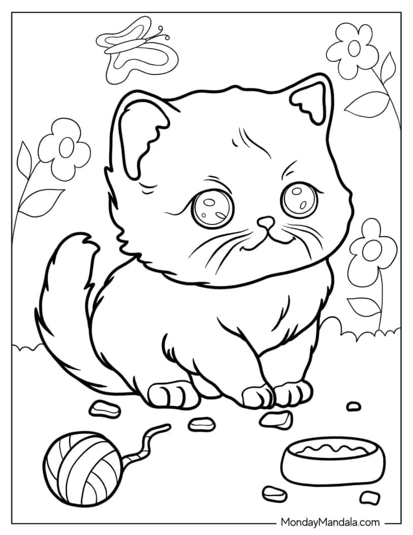 Kawaii Chibi Kitten Surrounded With Flowers coloring page