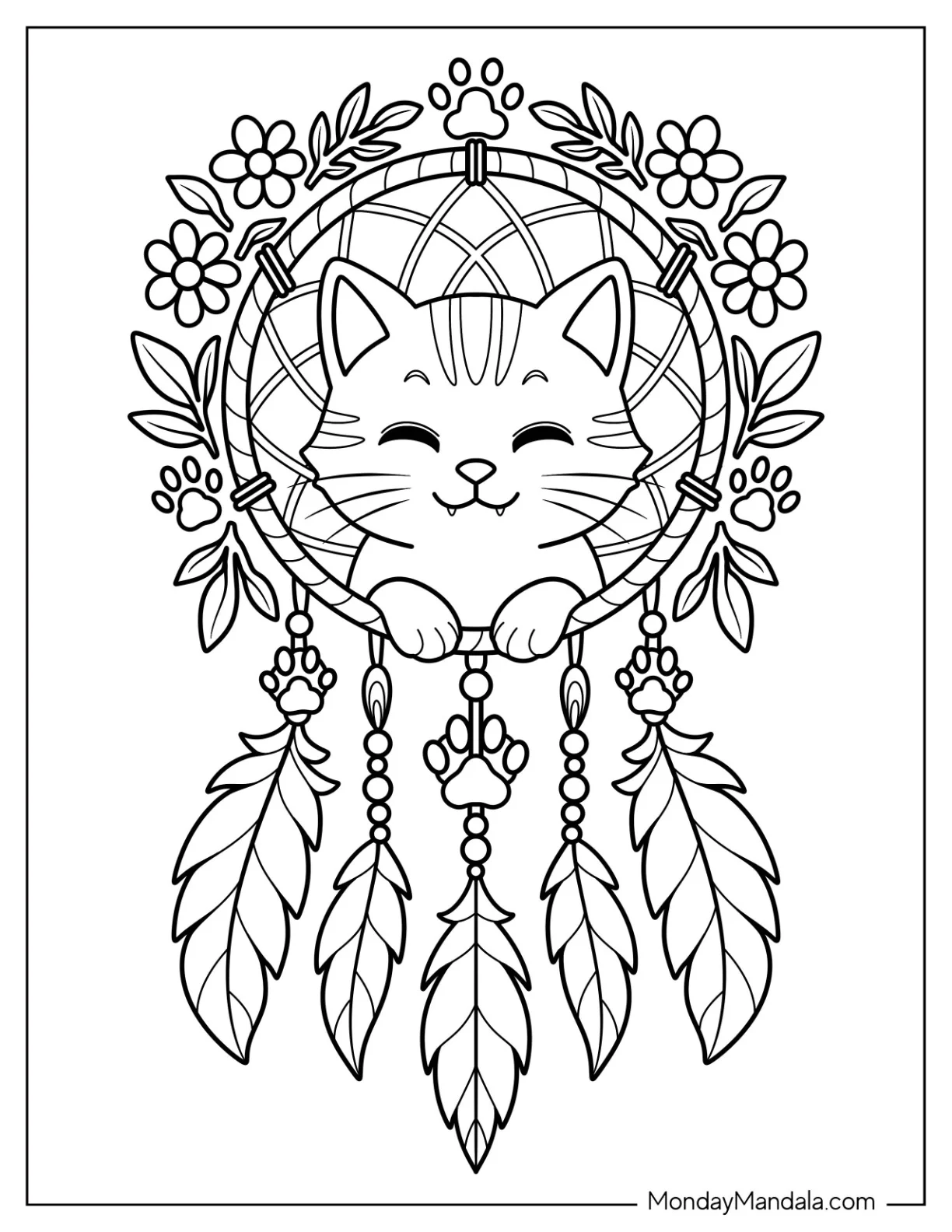 Kawaii Kitten Coloring Page Dreamcatcher with Flowers and Paw Charms coloring page — printable line art