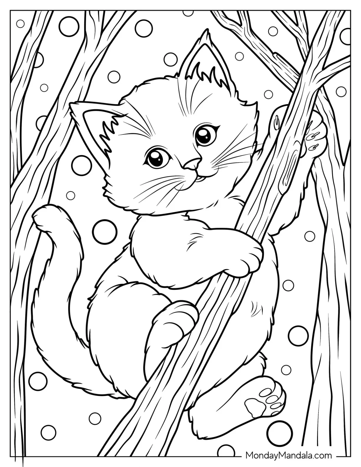Kitten Coloring Page Climbing a Tree in Winter for Kids coloring page — printable line art