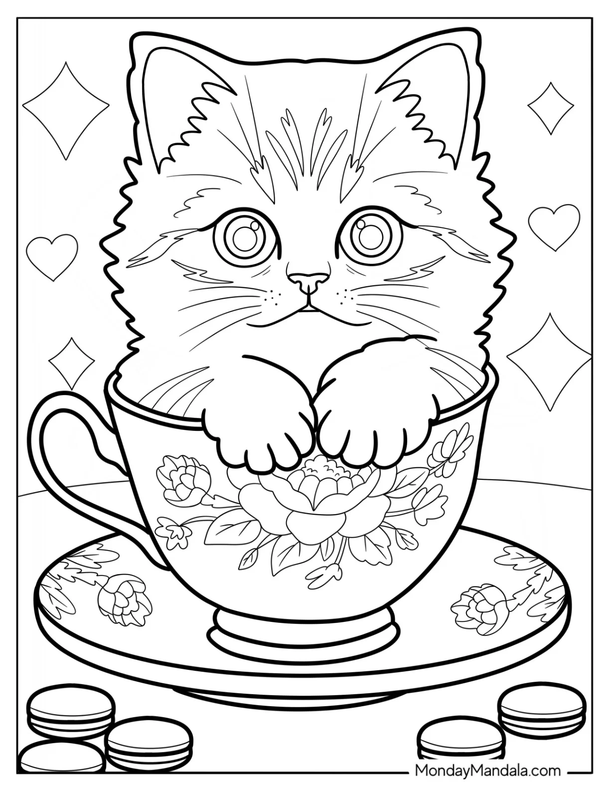 Kitten Coloring Page in a Fancy Teacup with Floral Patterns for Kids coloring page — printable line art