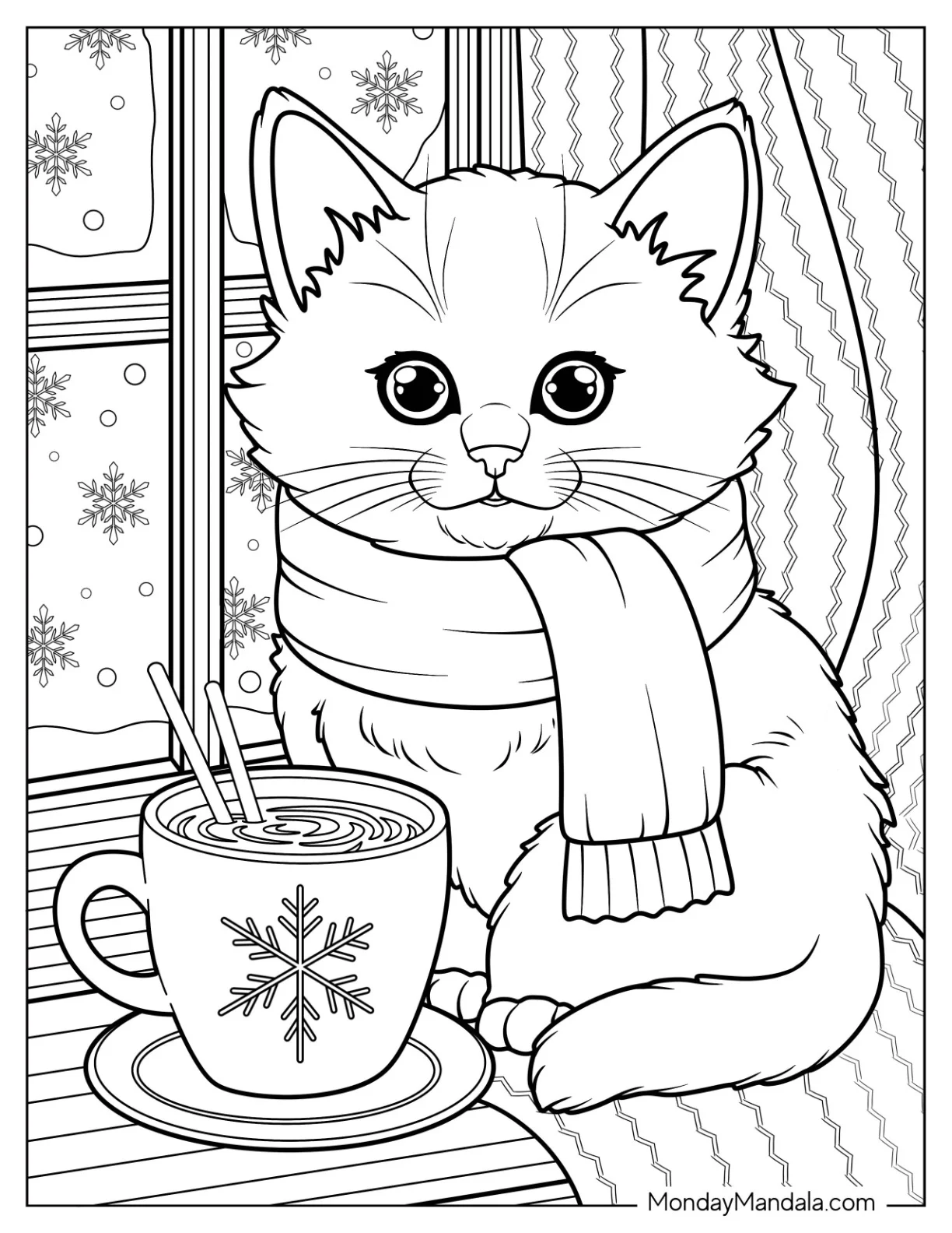 Kitten Coloring Page in Scarf Sitting in Front of Hot Drink by the Window coloring page — printable line art
