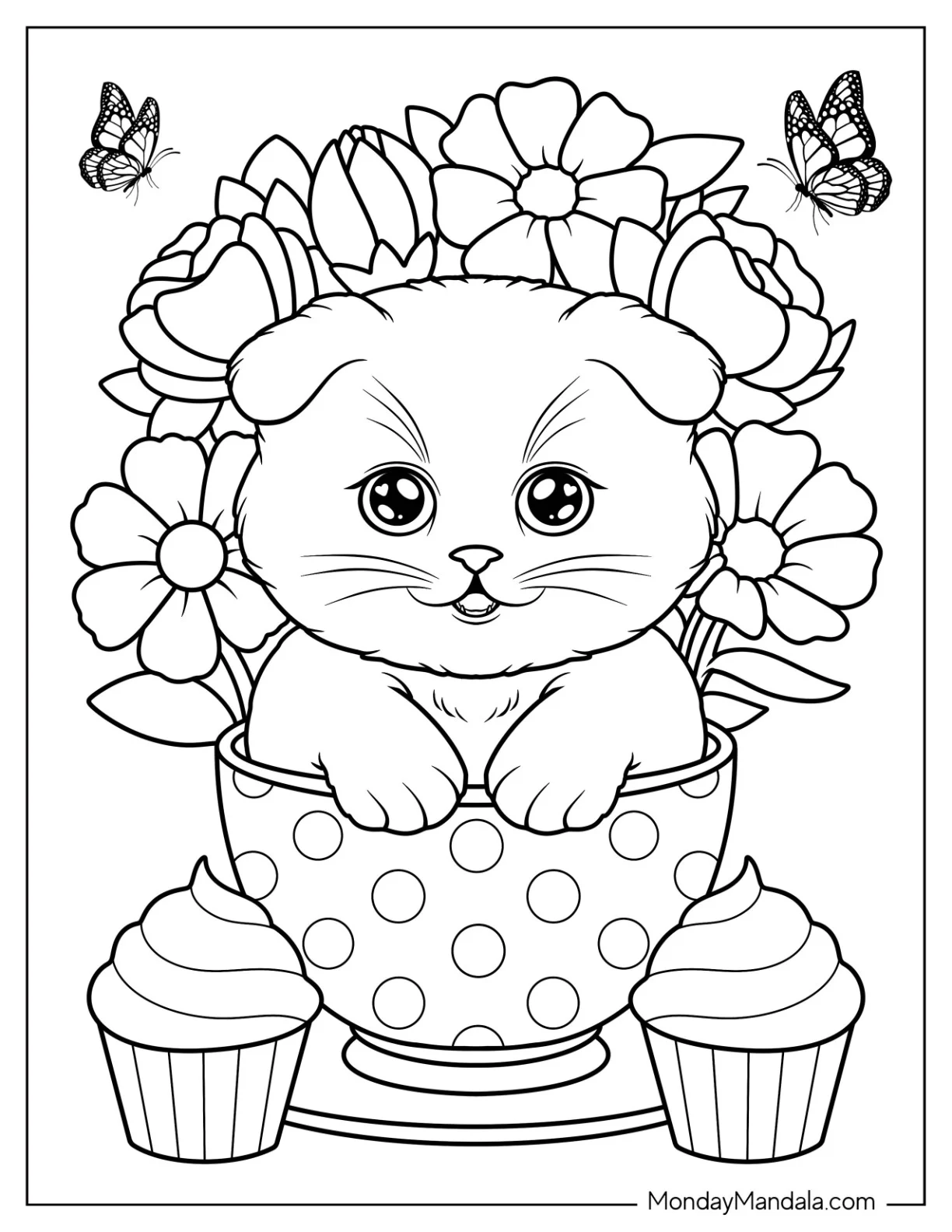 Kitten Coloring Page Inside a Polka Dot Teacup with Flowers and Cupcakes for Kids coloring page