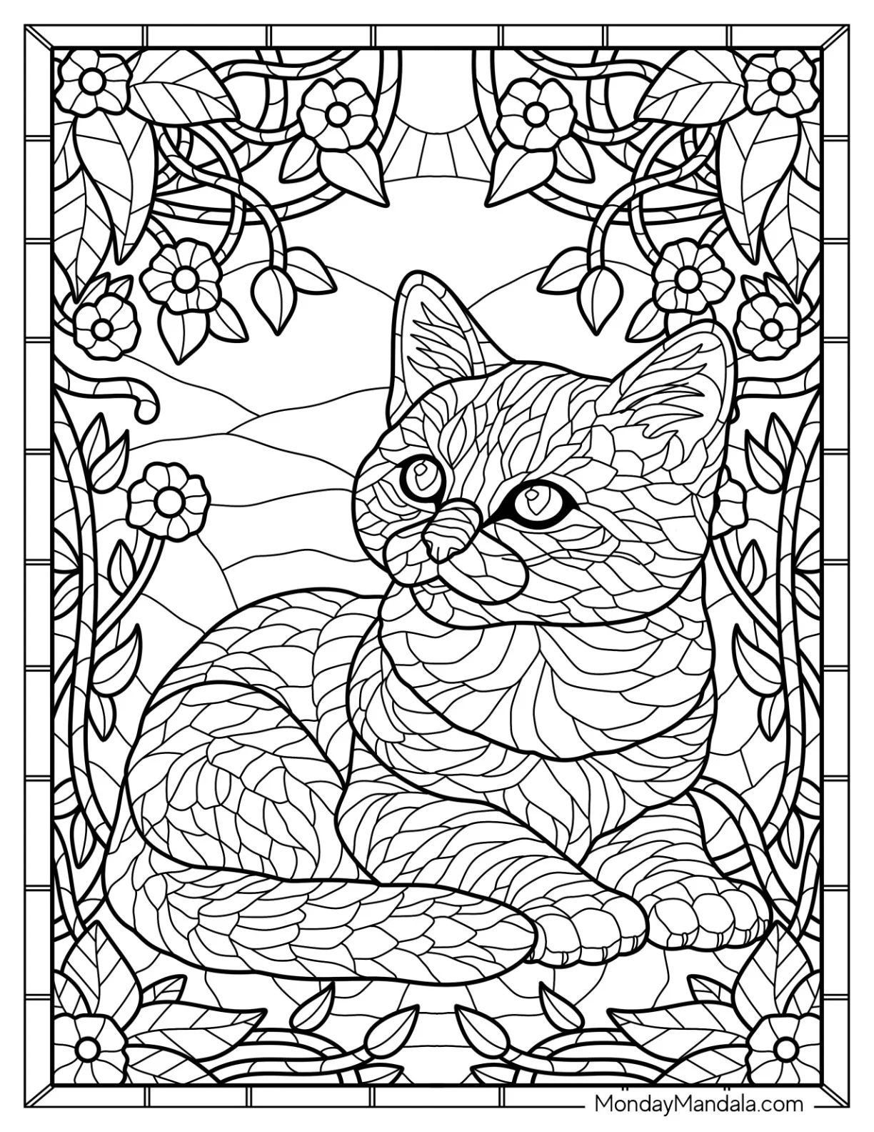 Kitten Coloring Page Lying on the Grass with Flowers Stained Glass coloring page — printable line art