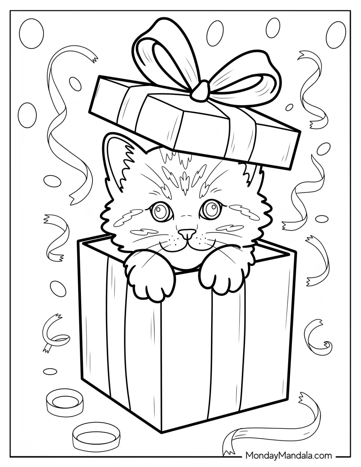 Kitten Coloring Page Peering Out of a Box with Large Bow coloring page — printable line art