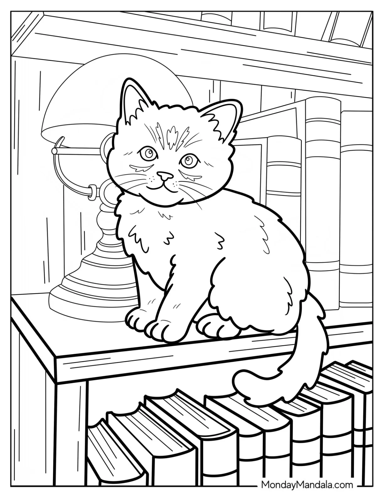 Kitten Coloring Page Posing Next to a Lamp on a Bookshelf coloring page