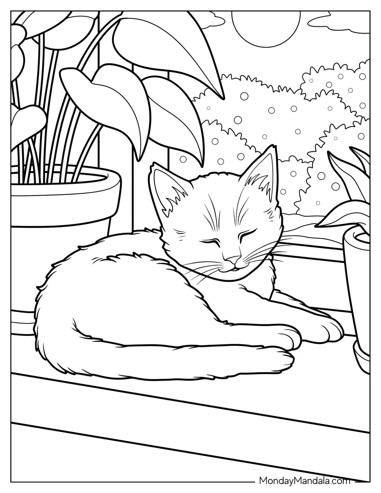 Kitten Coloring Page Sleeping by the Window Next to Potted Plants coloring page — printable line art