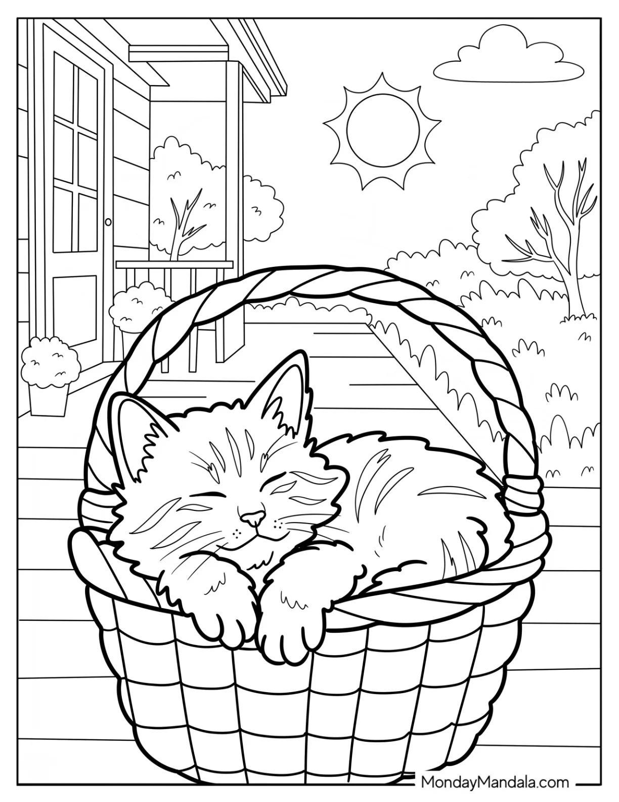 Kitten Coloring Page Sleeping in a Basket on a Porch coloring page
