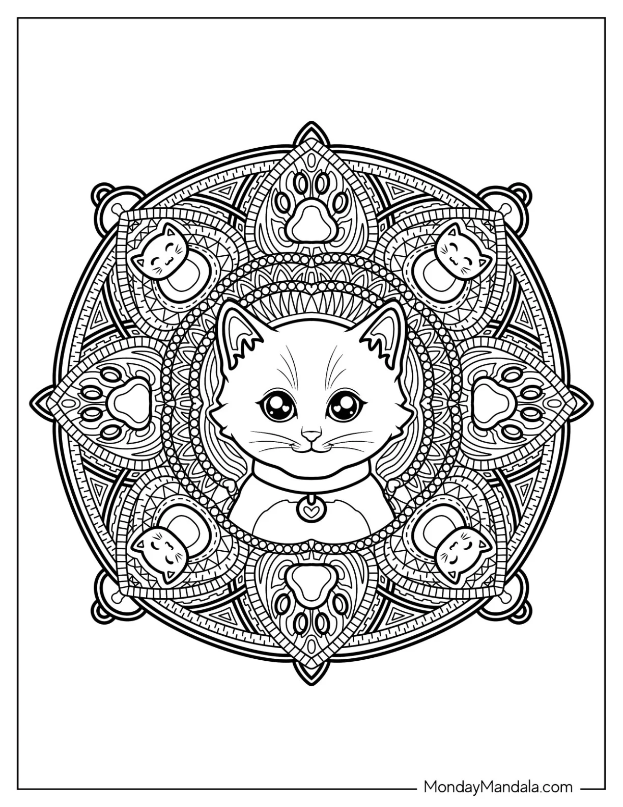 Kitten Coloring Page with Collar Inside Floral Mandala with Cat Elements coloring page — printable line art