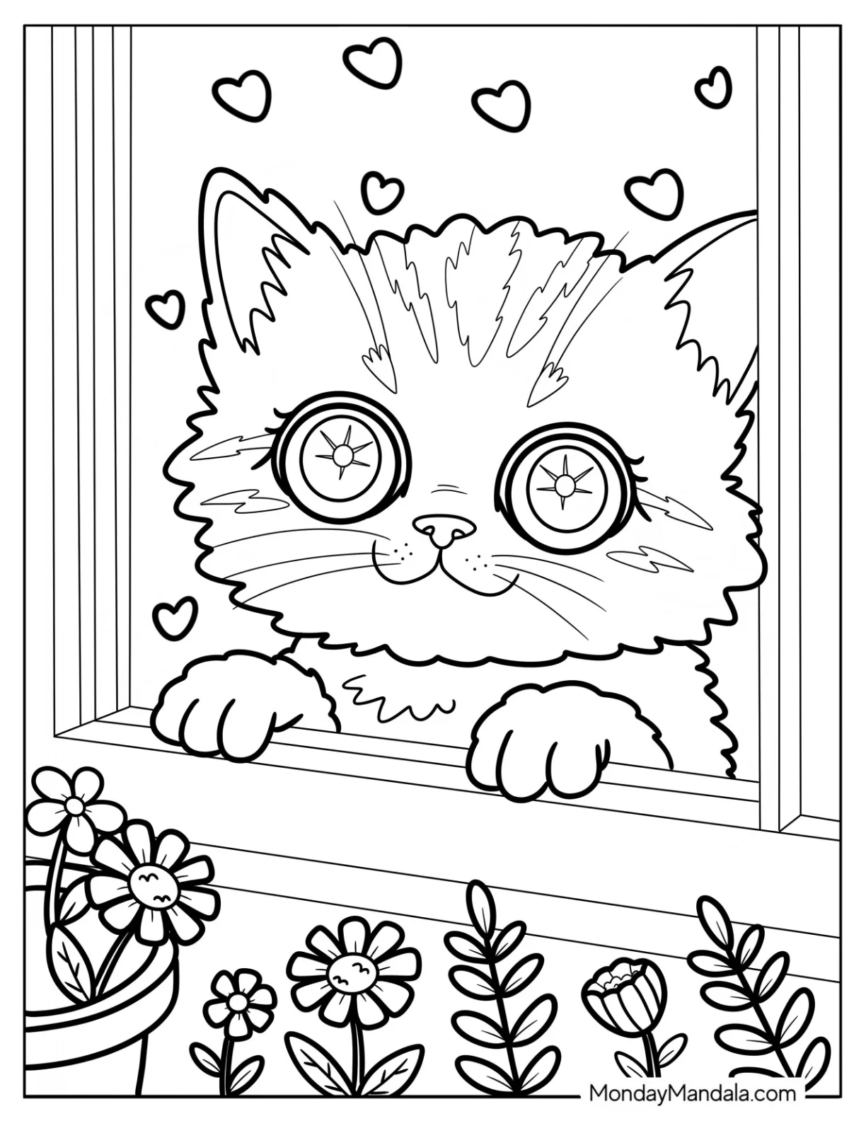 Kitten Coloring Page with Starry Eyes Staring Out the Window coloring page