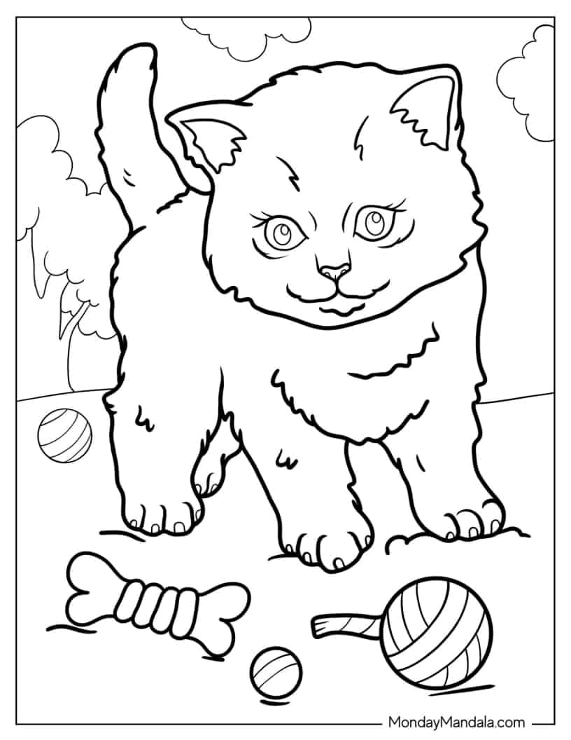 Kitten Playing In The Grass With Toys coloring page