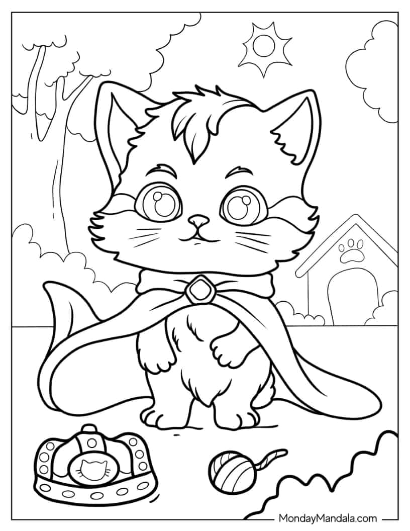 Kitten Wearing Royal Cape coloring page — printable line art