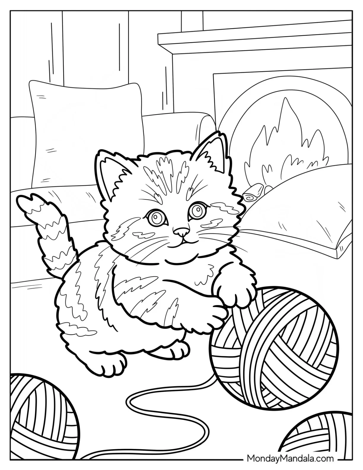 Little Kitten Coloring Page Playing with Large Balls of Yarn coloring page