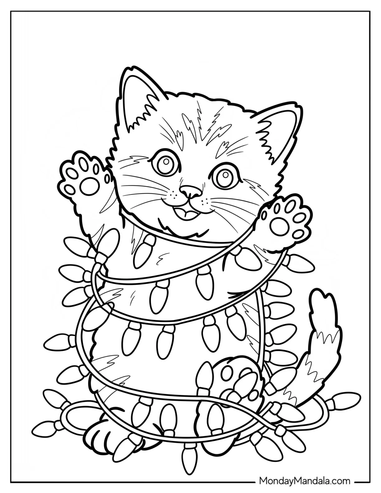 Playful Kitten Coloring Page Tangled in Christmas Lights for Kids coloring page — printable line art