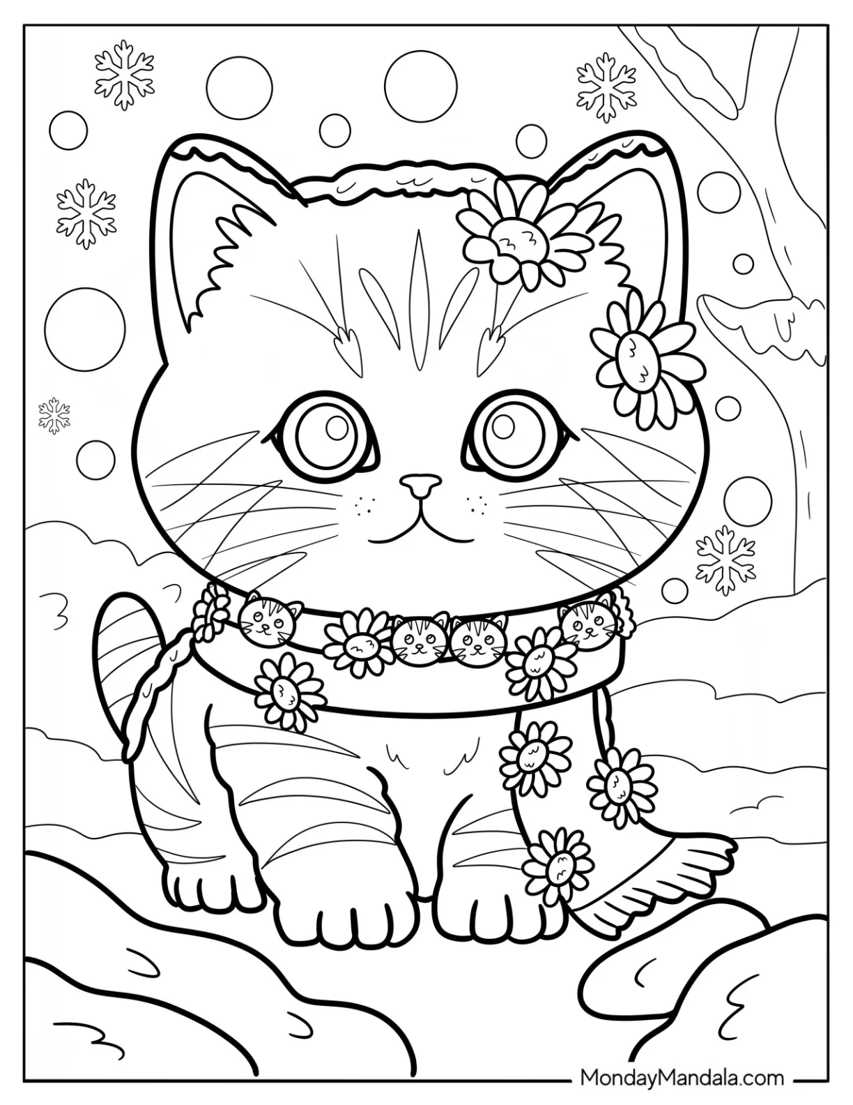 Pretty Kitten Coloring Page with Scarf and Flowers in Winter coloring page