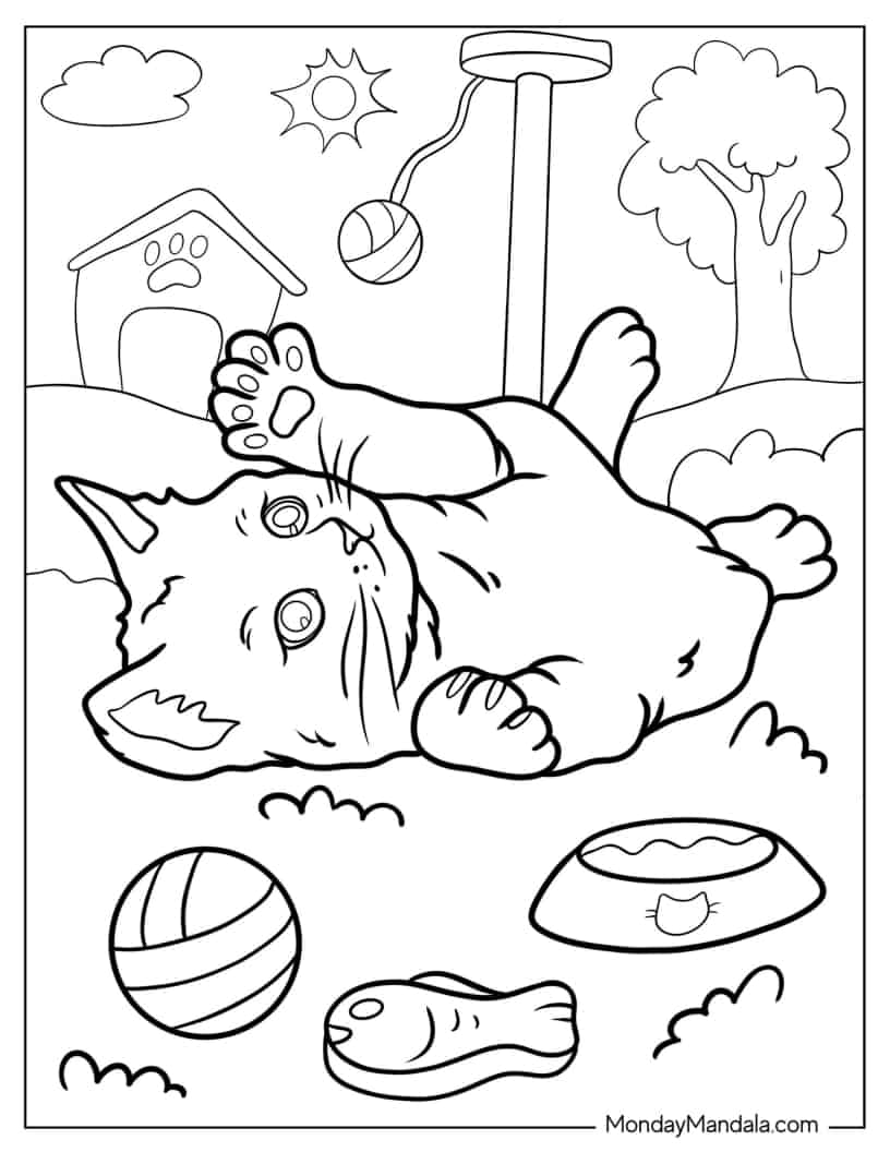 Realistic Kitten Rolling On The Grass coloring page