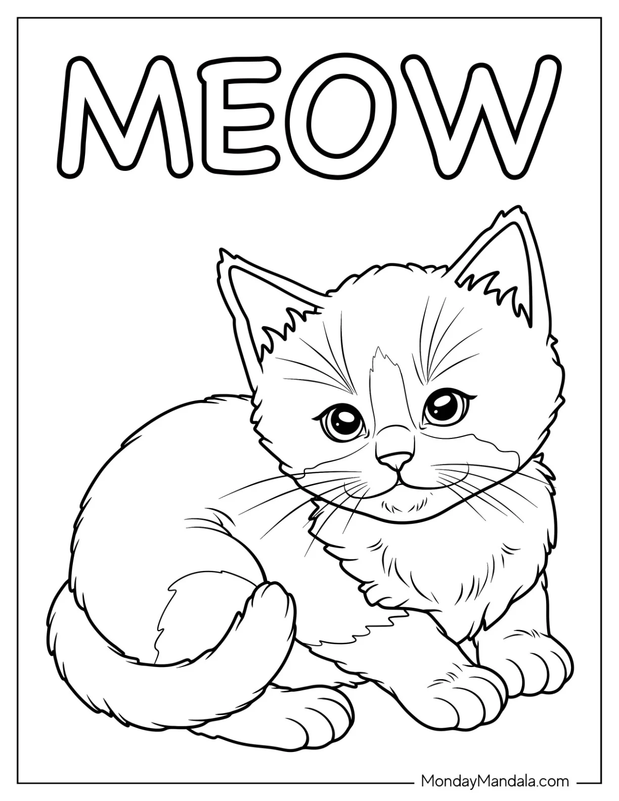 Shy Kitten Coloring Page with Meow Text for Preschoolers coloring page