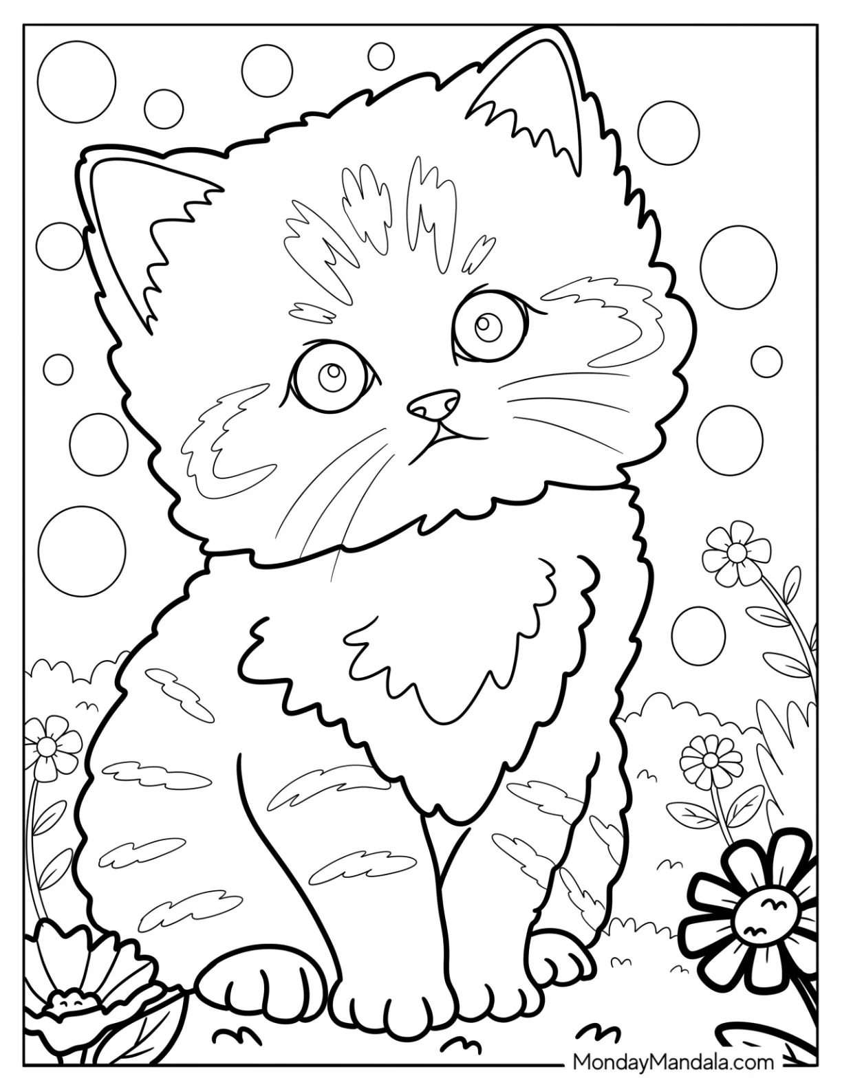 Silly Kitten Coloring Page with Stripes in a Flower Garden coloring page — printable line art
