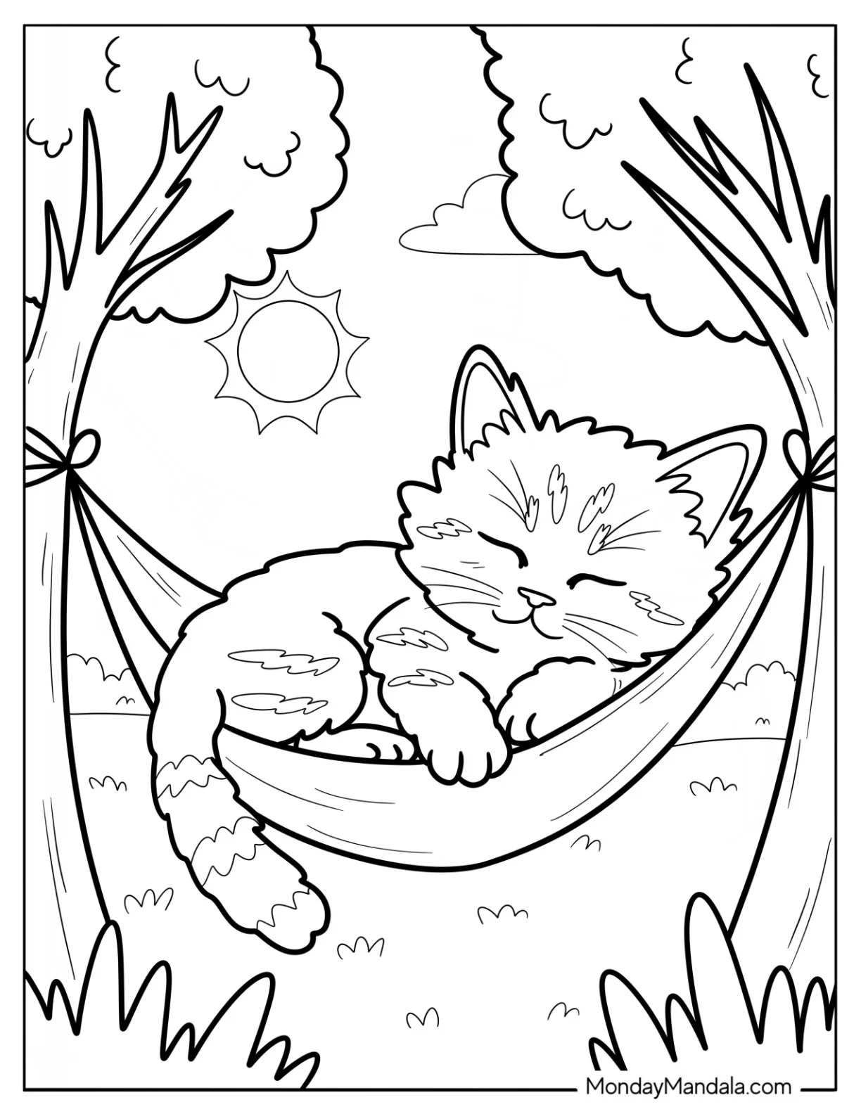 Sleeping Kitten Coloring Page on a Hammock coloring page