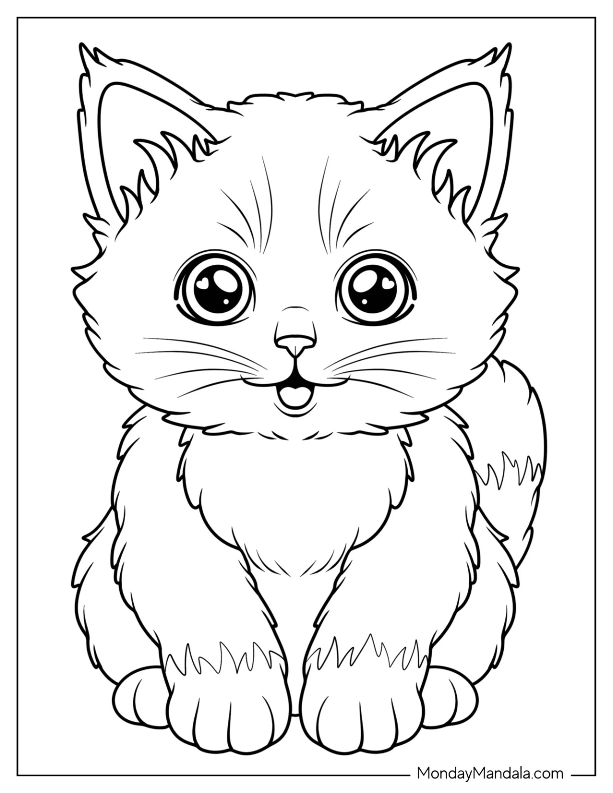 Smiling Kitten Coloring Page with Messy Fur for Preschoolers coloring page