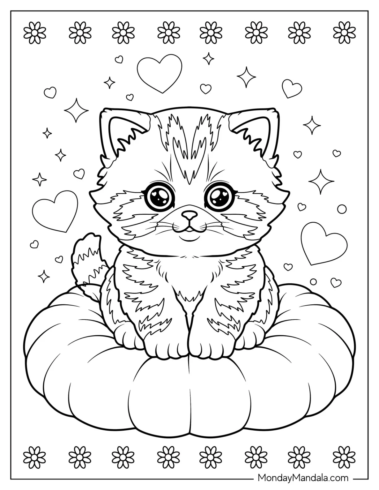 Striped Kitten Coloring Page Sitting on a Bed with Love Hearts and Sparkles coloring page