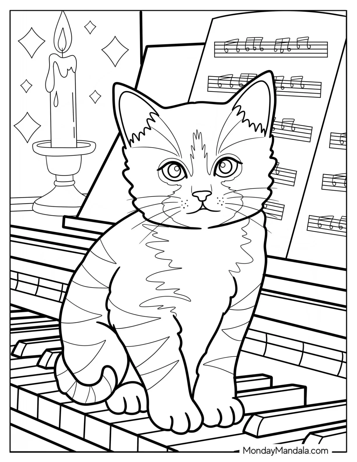 Striped Kitten Coloring Page Sitting on a Piano with Musical Sheet for Kids coloring page — printable line art