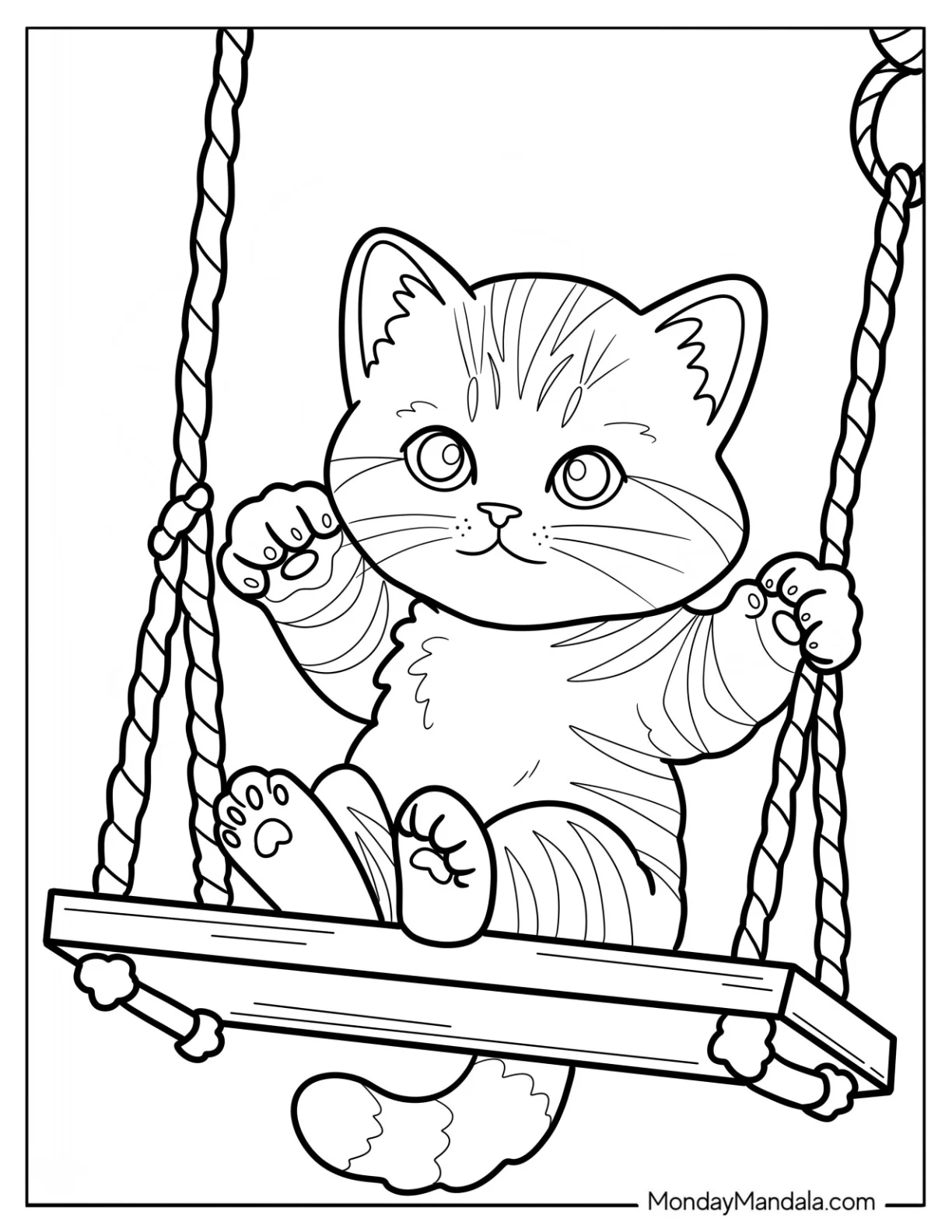 Tabby Kitten Coloring Page Sitting on a Swing for Kids coloring page — printable line art