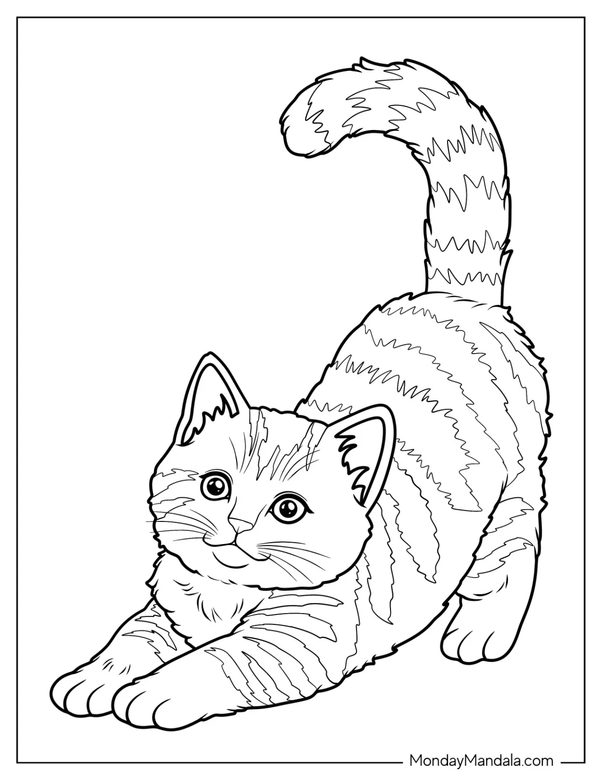Tabby Kitten Coloring Page Stretching with a Smile coloring page