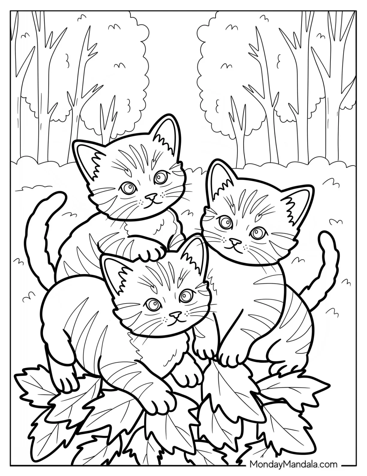 Three Kitten Coloring Page Playing with a Pile of Fall Leaves coloring page
