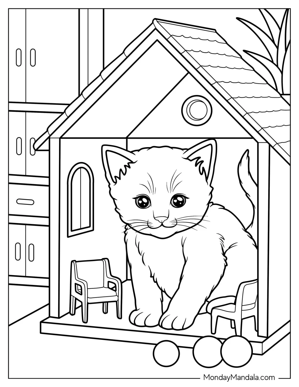Tiny Kitten Coloring Page Inside Toy House with Balls Outside for Kids coloring page