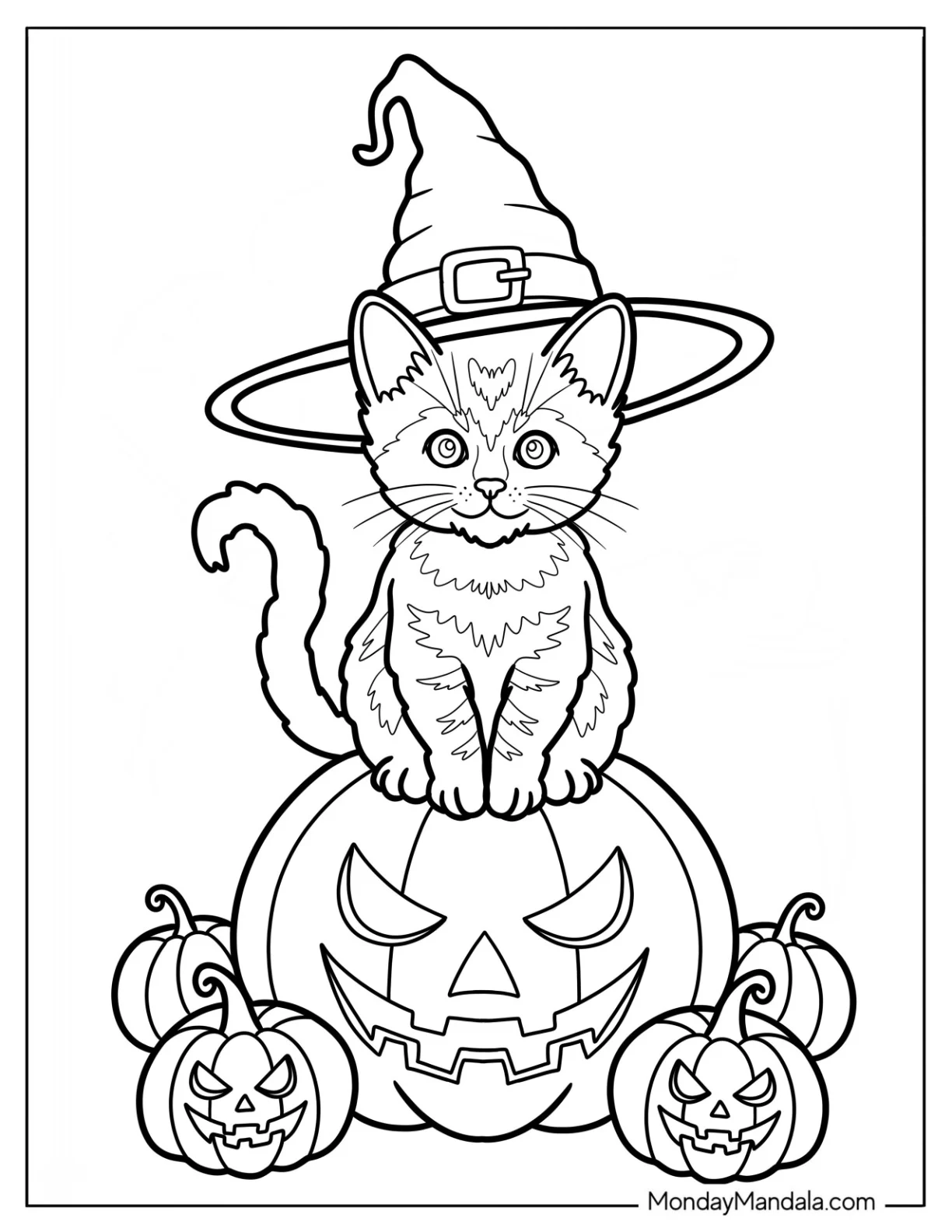 Tiny Kitten Coloring Page with Witch Hat Standing on Jack o Lantern coloring page