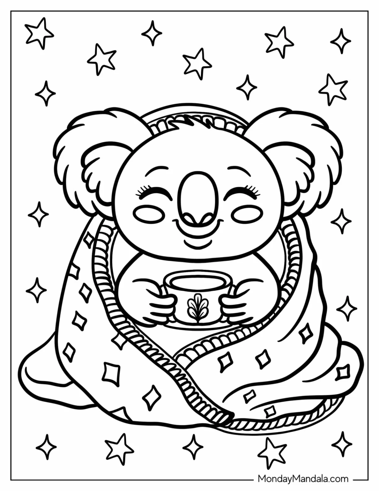 Cozy Koala Coloring Page Wrapped in a Blanket While Drinking Tea for Preschoolers coloring page