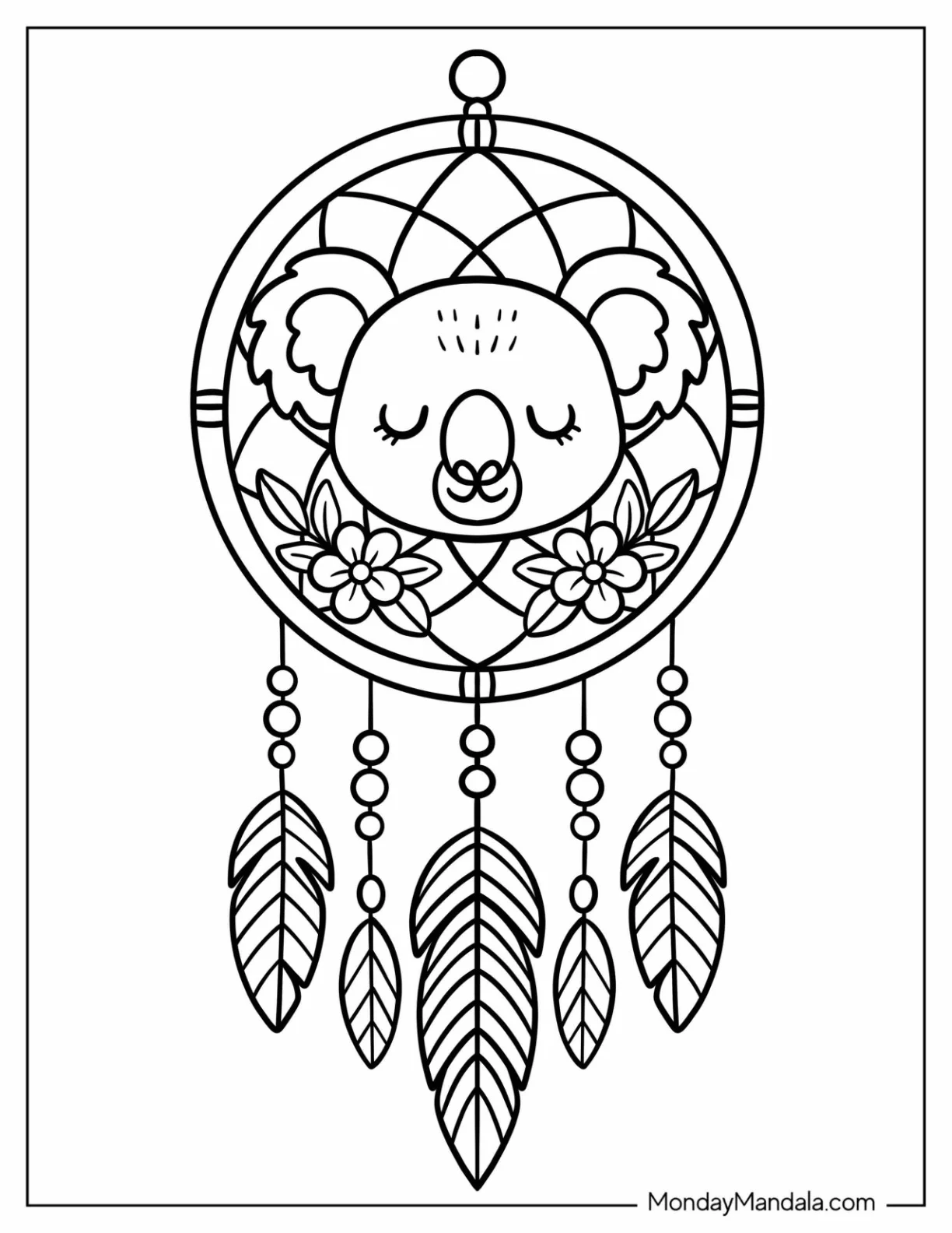 Cute Koala Coloring Page Dreamcatcher with Beads and Feathers coloring page — printable line art